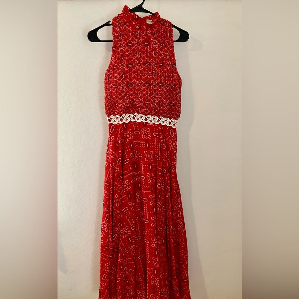 Vintage Red Bandana Print Maxi Dress Sz 12 SEE MEASUREMENTS Ruffle Collar